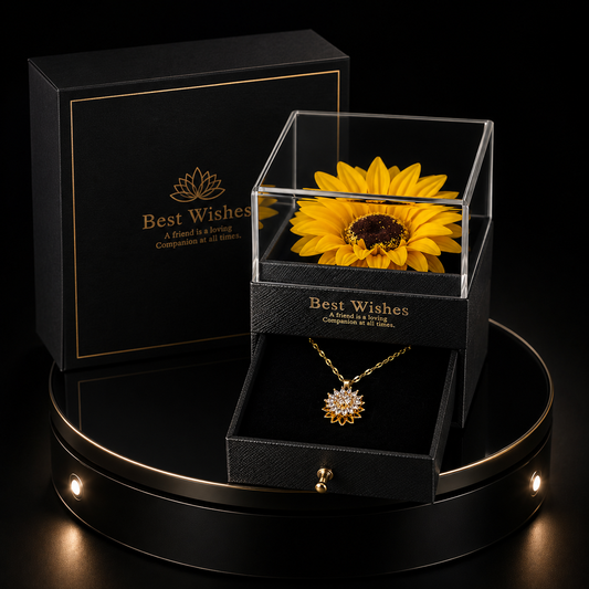 Eres Mi Sol" (Girasol Eterno + Collar Giratorio) con baño en oro laminado 14k