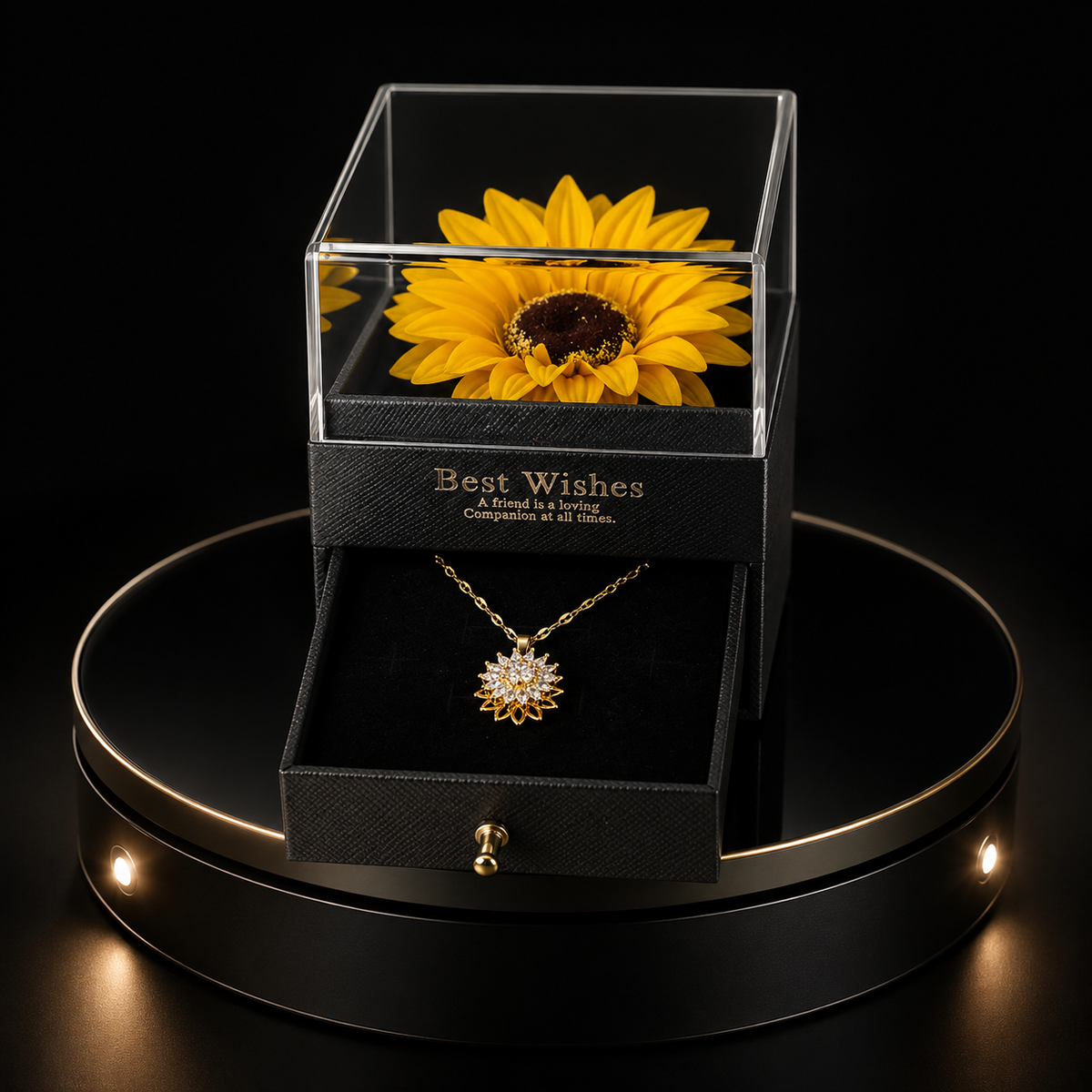 Eres Mi Sol" (Girasol Eterno + Collar Giratorio) con baño en oro laminado 14k