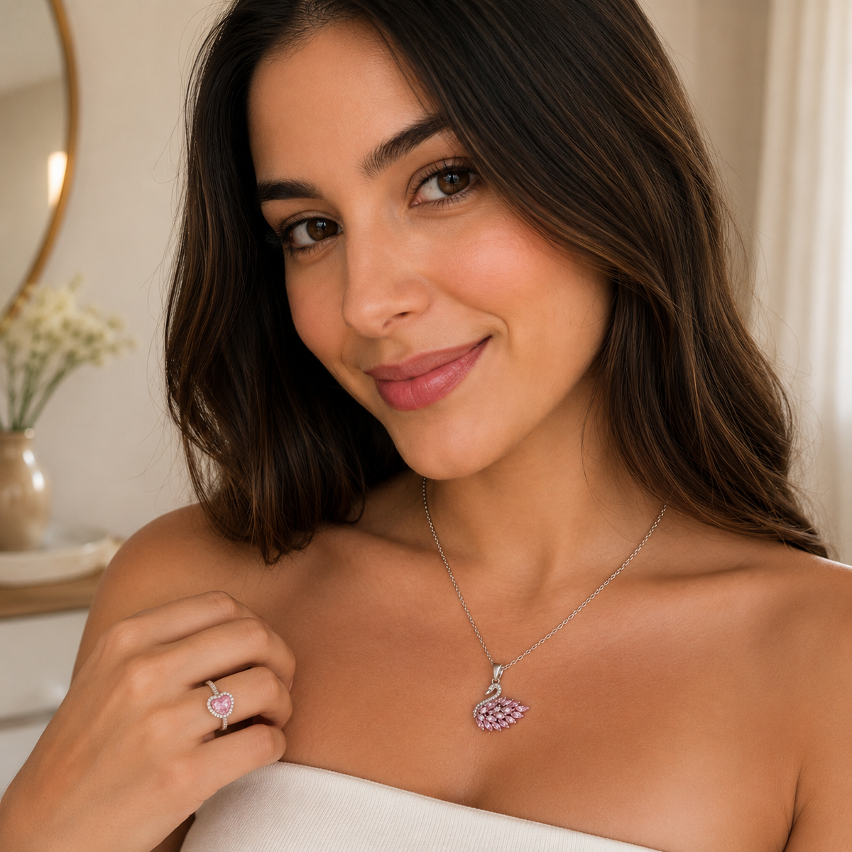 Set "Cisne Imperial Rosé" - Plata 925: Collar y Anillo con Cristales Rosa en Caja de Lujo