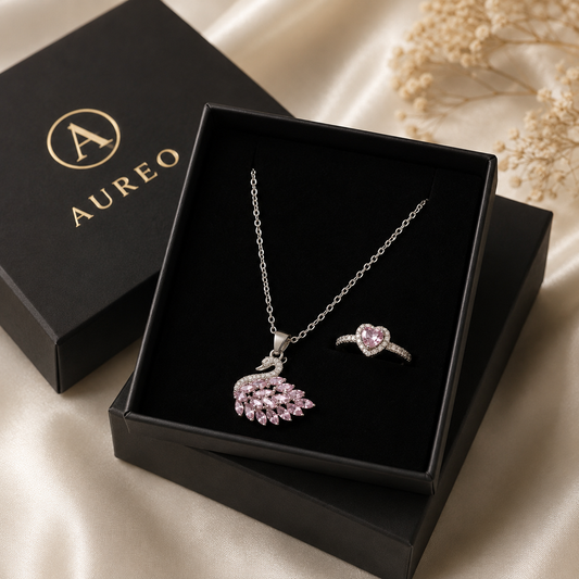 Set "Cisne Imperial Rosé" - Plata 925: Collar y Anillo con Cristales Rosa en Caja de Lujo