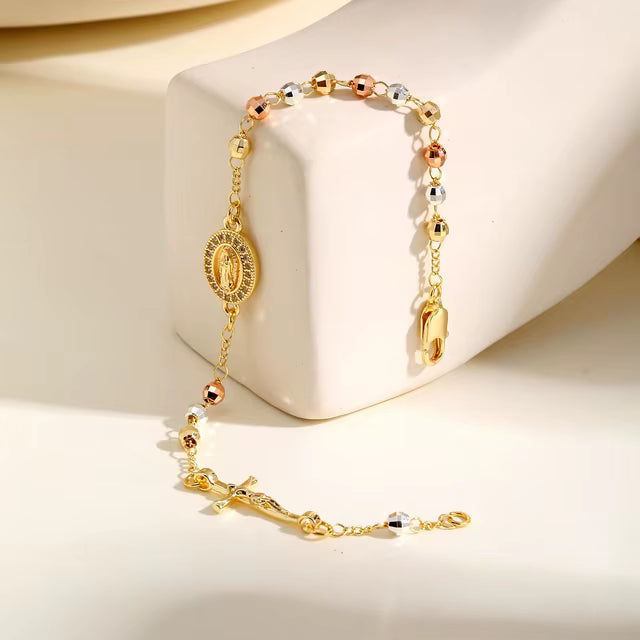Manto de Fe™ – Pulsera Virgen María & Cristo en Oro Laminado 14K Certificado