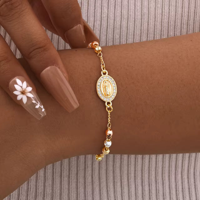 Manto de Fe™ – Pulsera Virgen María & Cristo en Oro Laminado 14K Certificado